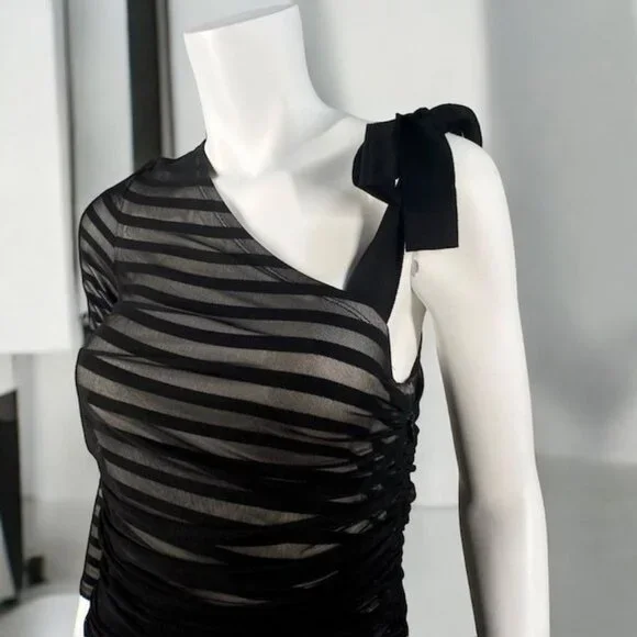 BCBGMaxAzria One Shoulder Striped Mesh Overlay Pencil Dress Black, size Medium - Picture 6 of 16